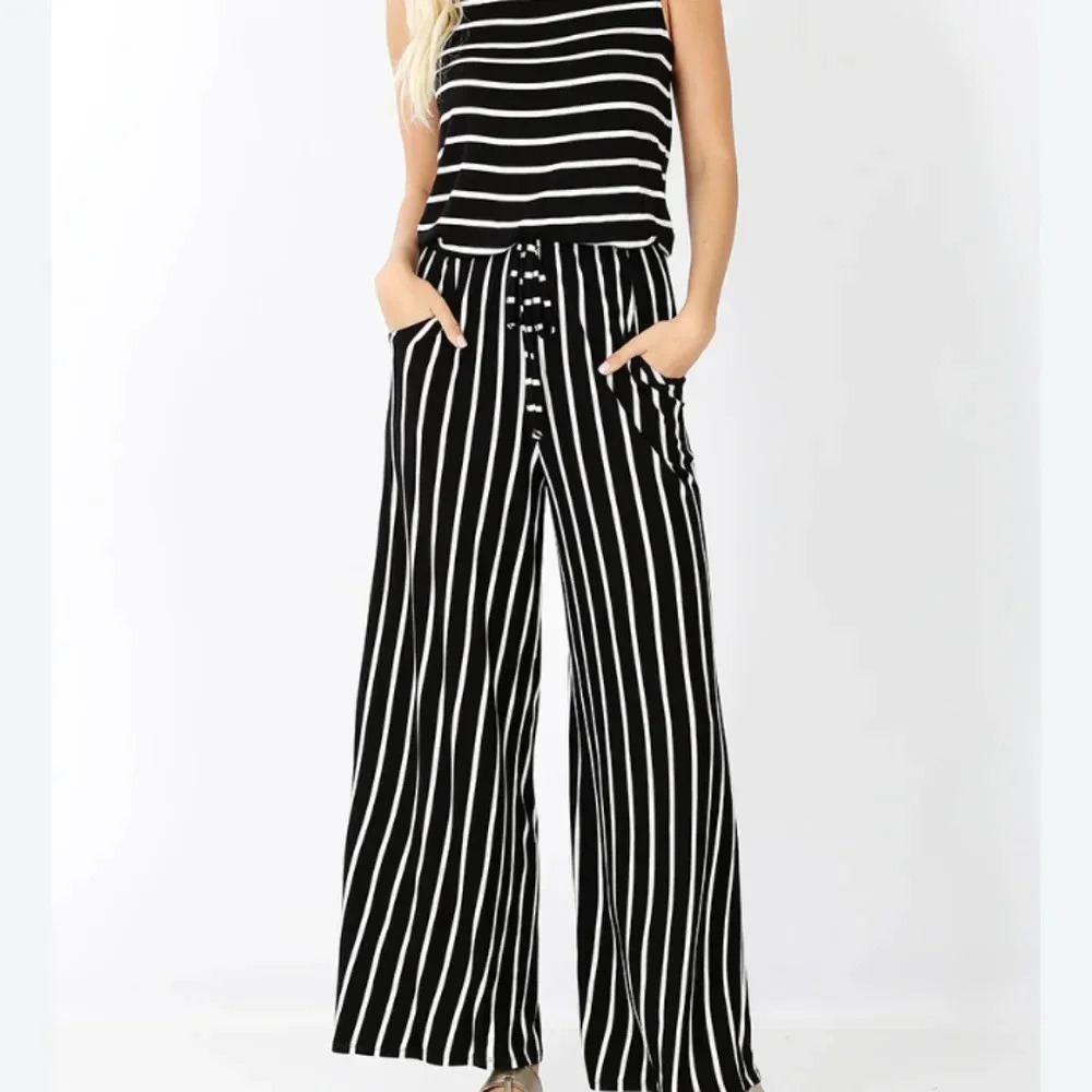 Zenana black striped wide leg sleeveless pants jumpsuit size large XL - Picture 1 of 3